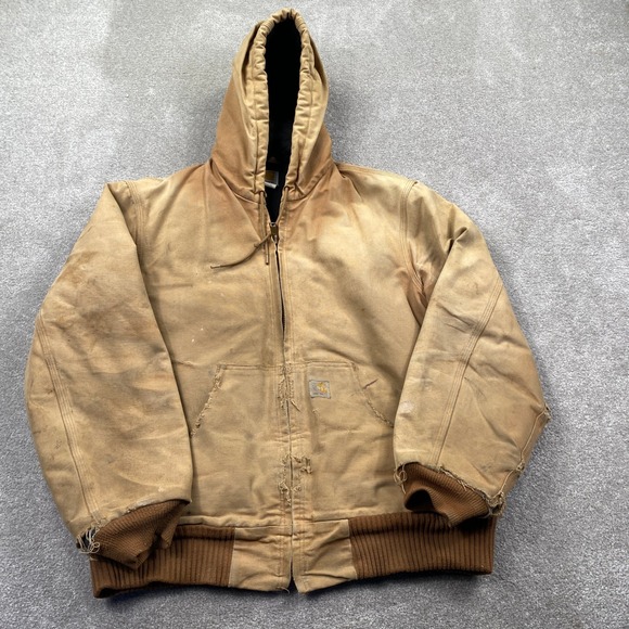 Carhartt Mens Tan Canvas Hooded Work Jacket Lined Full Zip Distressed Size M